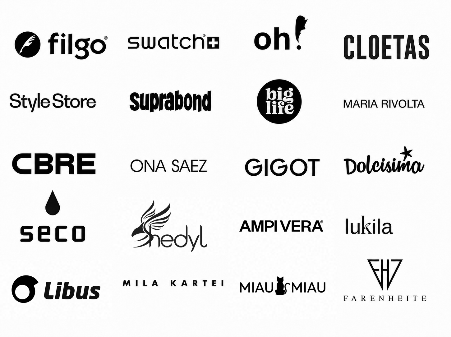 Marcas que confiaron en AKELARRE, incluyendo FILGO, Big Life, GIGOT, SHEDYL, AMPI VERA, Miau Miau y Libus